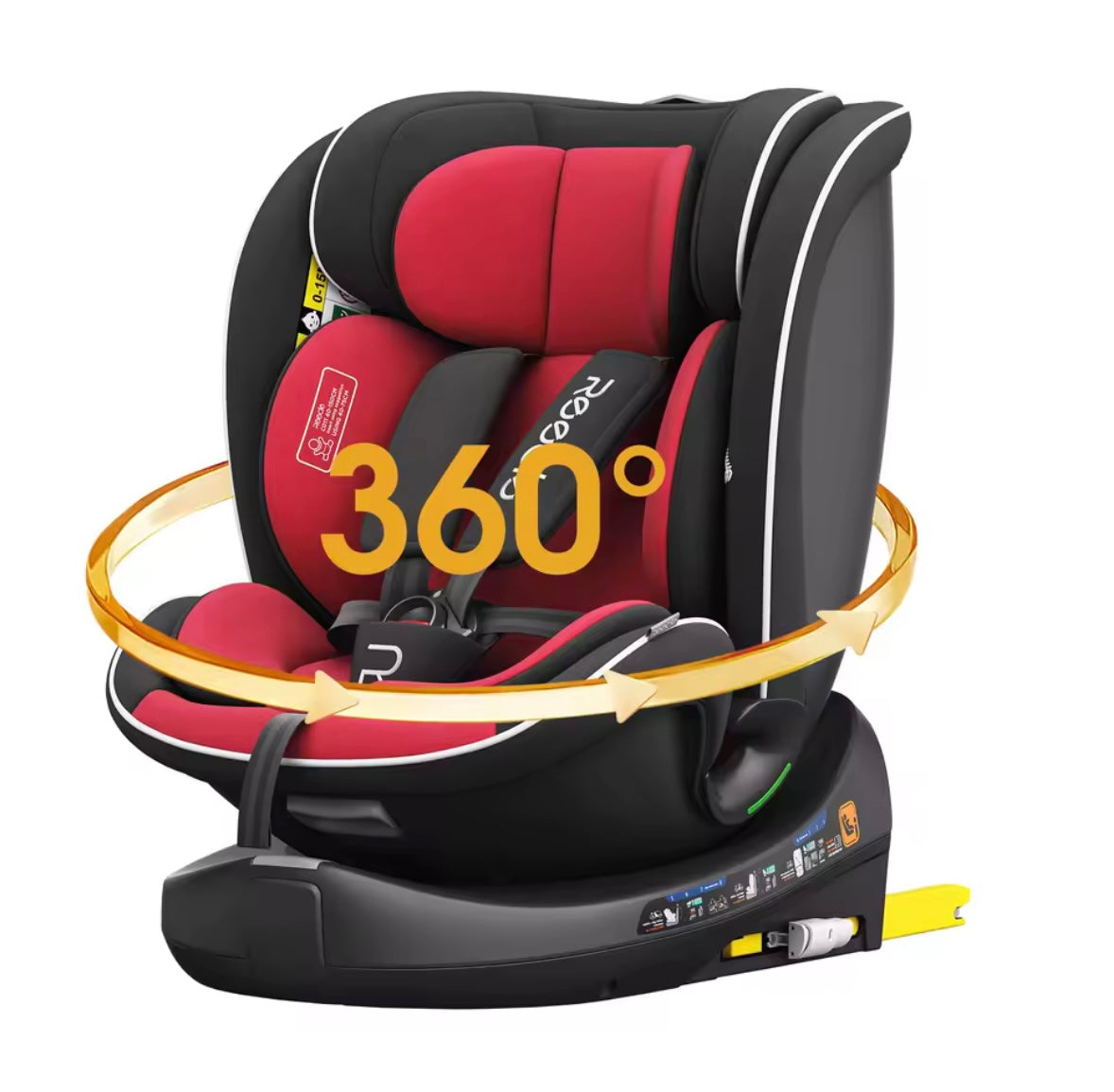 Red and black car seat with 360-degree rotation feature on a white background
