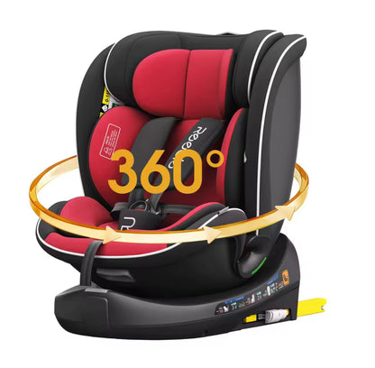 Red and black car seat with 360-degree rotation feature on a white background