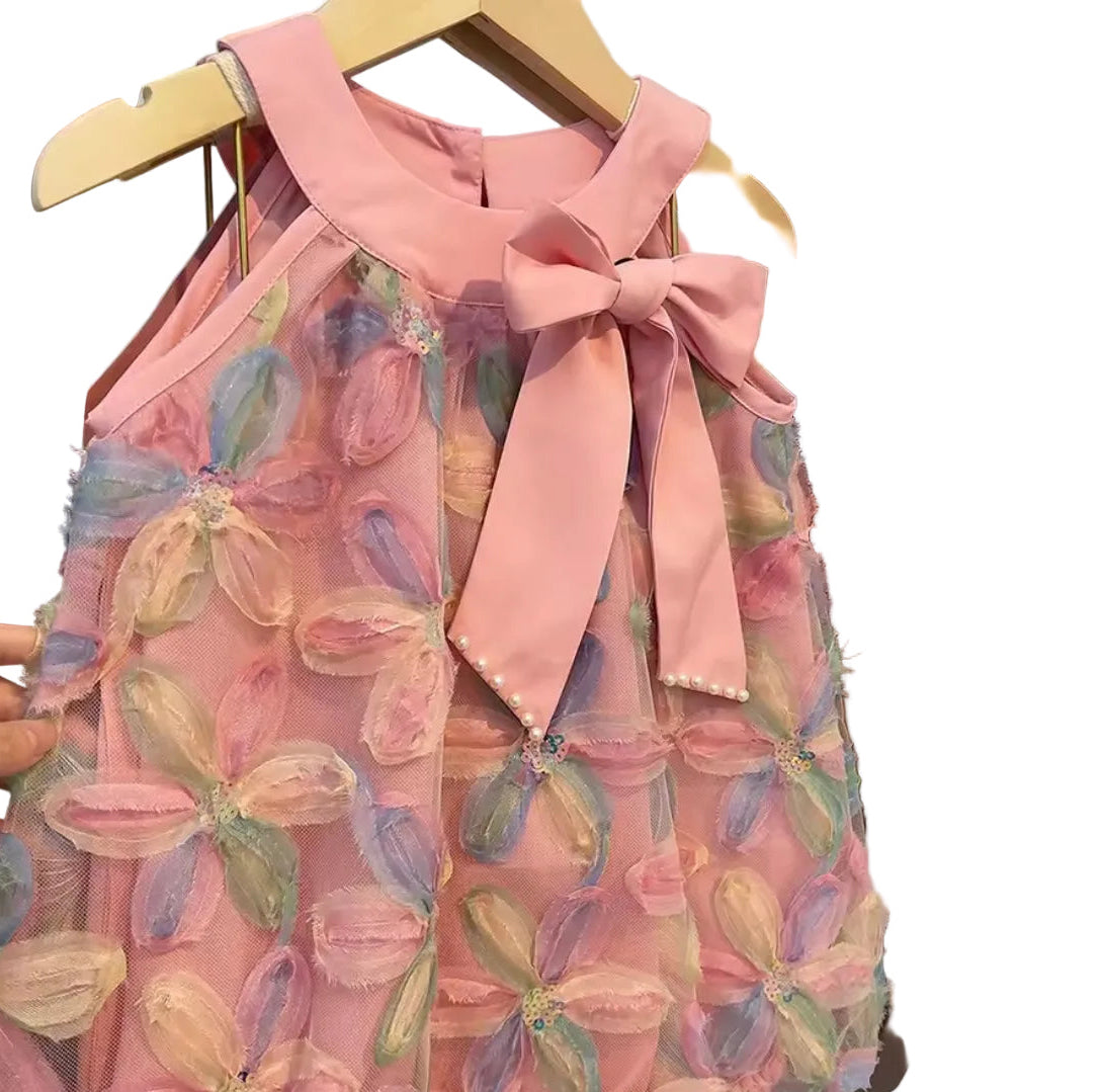 Kids Girls Sleeveless Bowknot Floral Mesh Dress. 2 Colours 3-7Y
