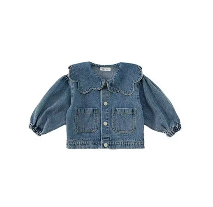 Denim jacket with ruffled collar on a white background