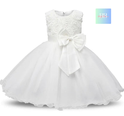 kids Lace Formal Dress with Flower Design, front Bow & Mesh Skirt. 5 colours, 4-10Y.