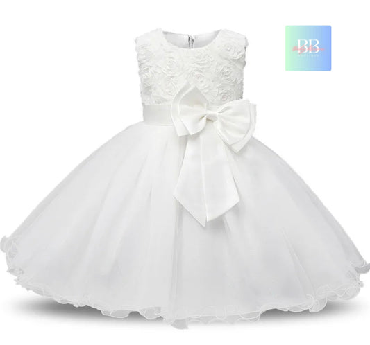kids Girls Formal Dress with Mesh Flower Silk Bow Design 5 colours 4-10Y