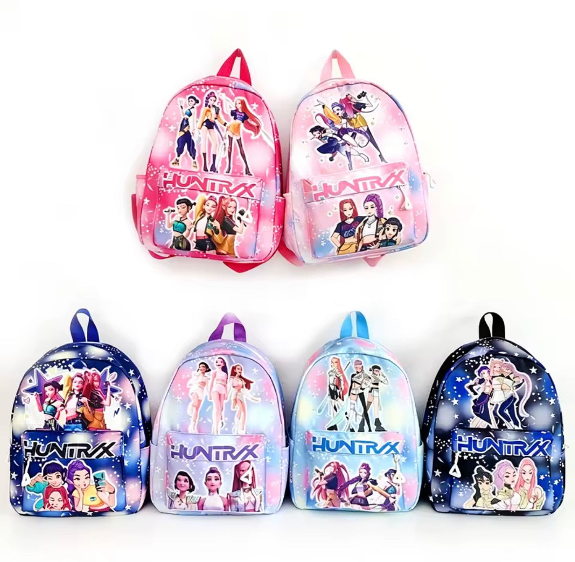 Set of colorful backpacks with character designs on a white background