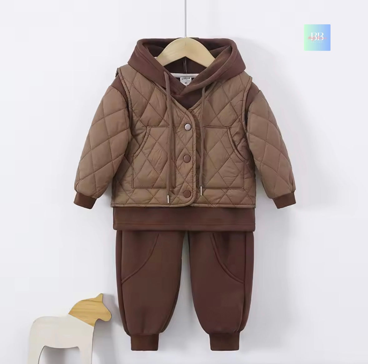 Children's brown quilted jacket and pants set on a white background