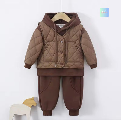 Children's brown quilted jacket and pants set on a white background