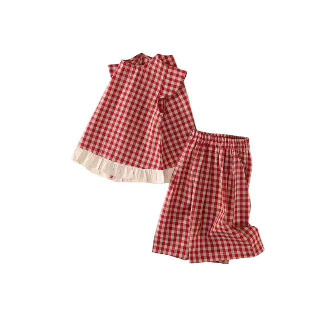 Red and white checkered outfit on a light beige background