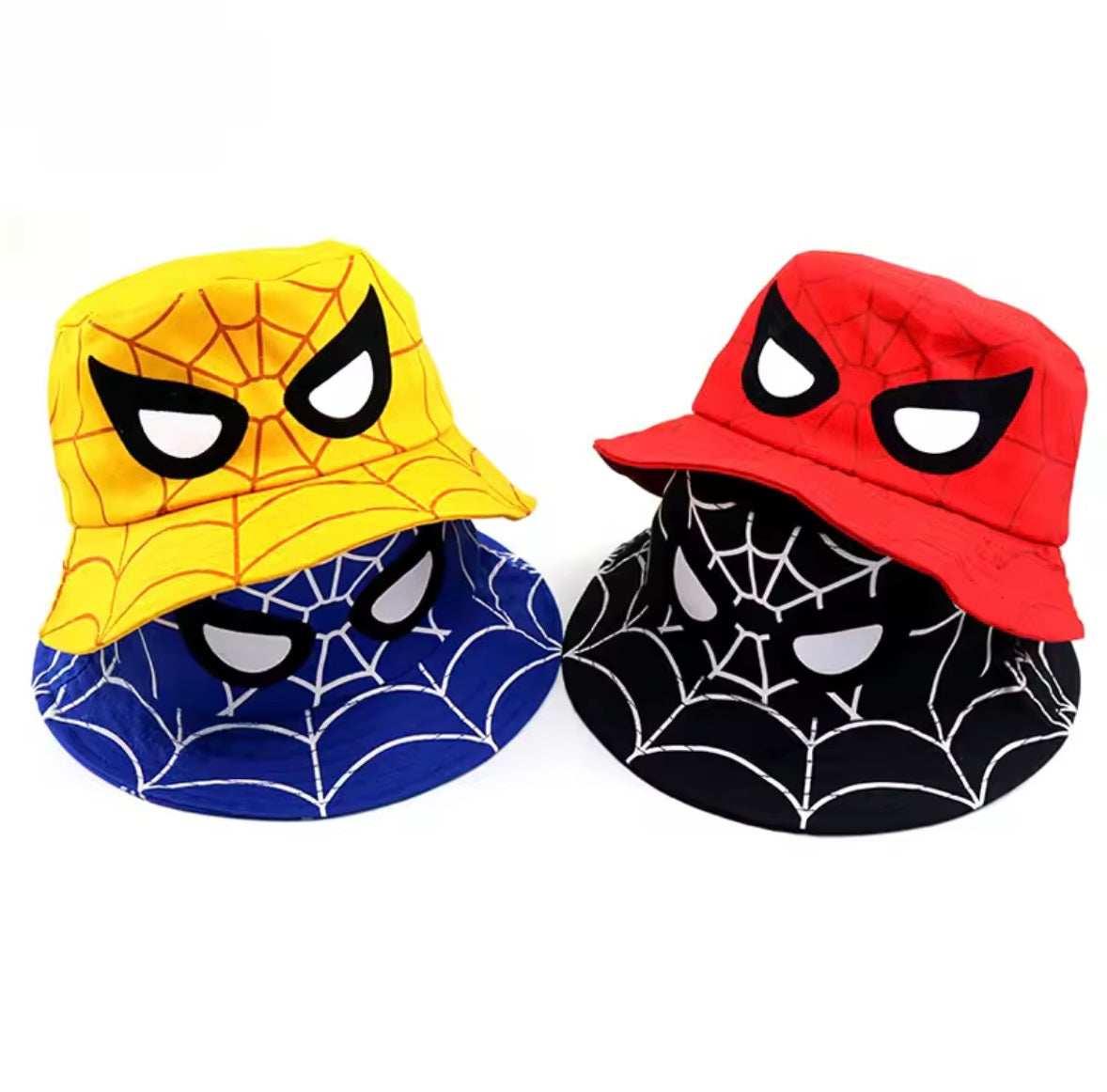 Four spider-themed bucket hats in yellow, red, blue, and black on a white background.