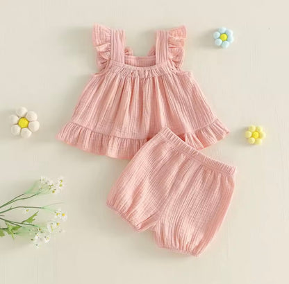Kids Girls Muslin Ruffled Bowknot Vest Top & Shorts Set. 3 Colours 12M-4Y