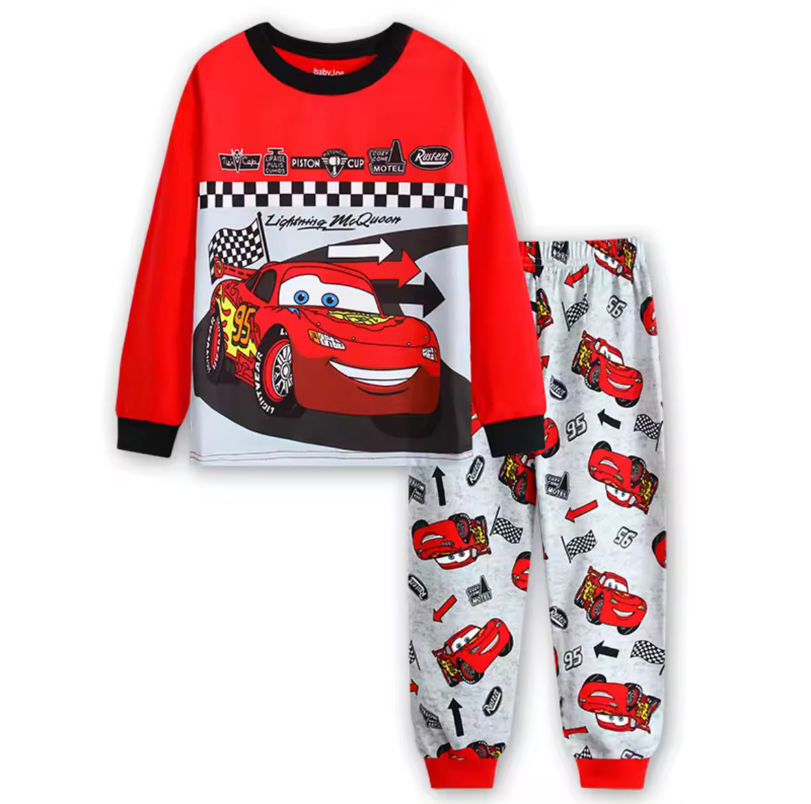 Children's pajama set with Lightning McQueen design on a white background