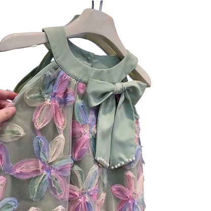 Kids Girls Sleeveless Bowknot Floral Mesh Dress. 2 Colours 3-7Y