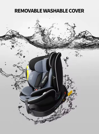 Child car seat with water splash design and text indicating removable washable cover.