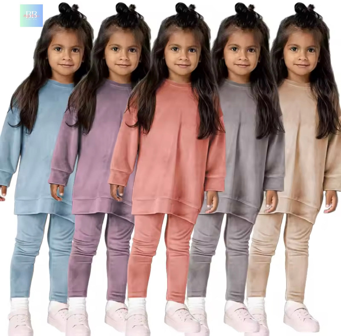Five children wearing matching outfits in different colors on a white background.