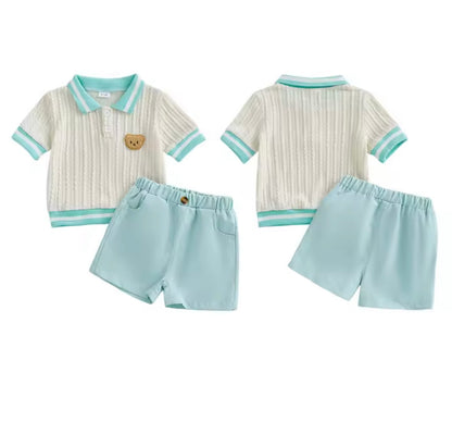 Kids Boys Cable Knit Collared Top & Shorts Set. 2 Colours 6M-4Y.