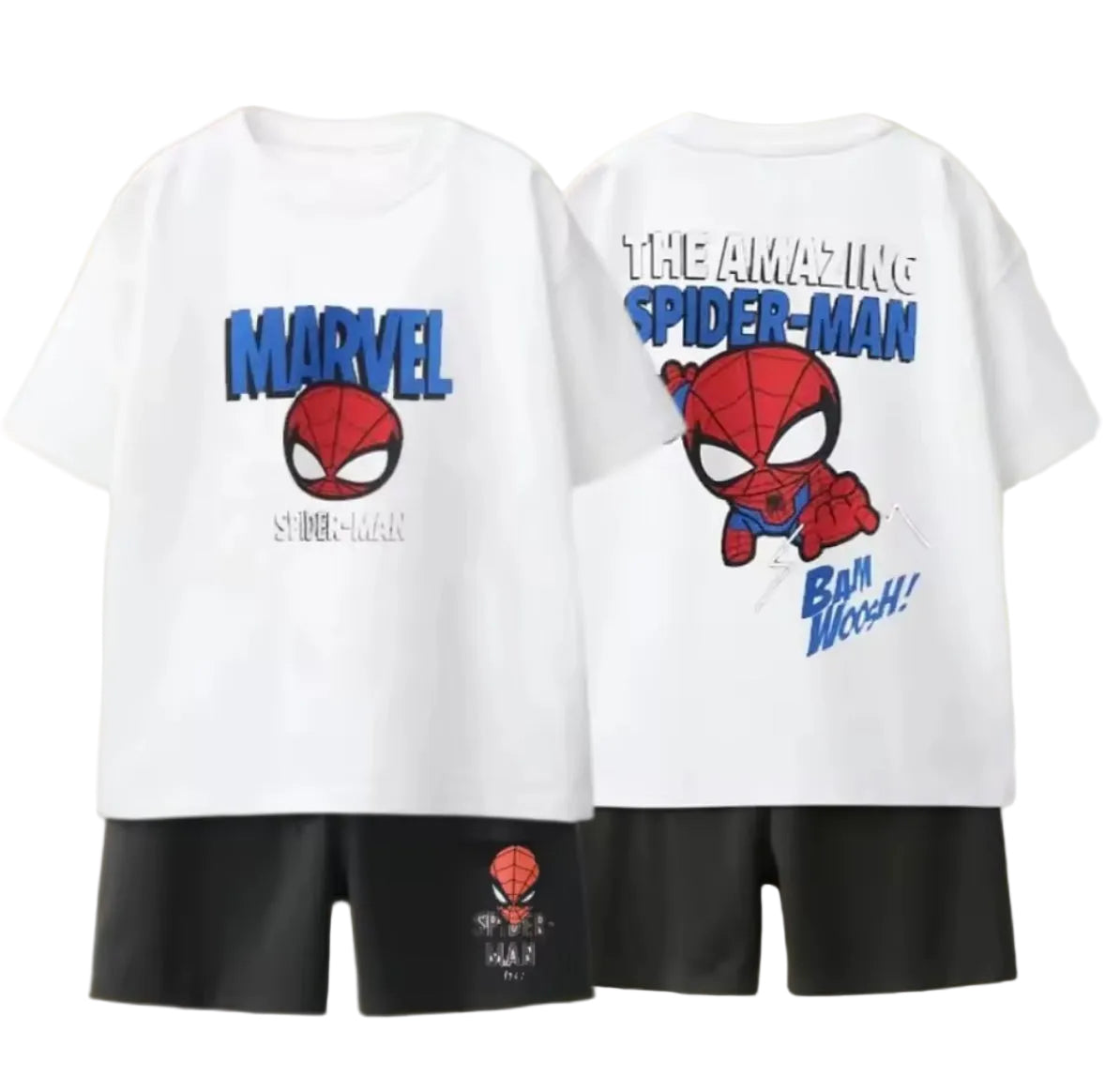White t-shirt with Spider-Man design and black shorts on a beige background