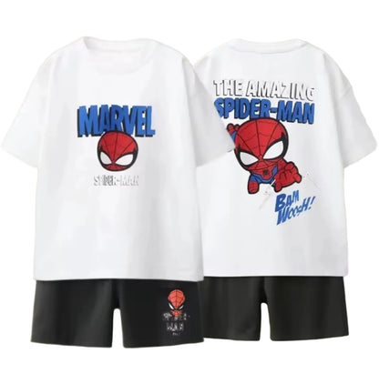 White t-shirt with Spider-Man design and black shorts on a beige background