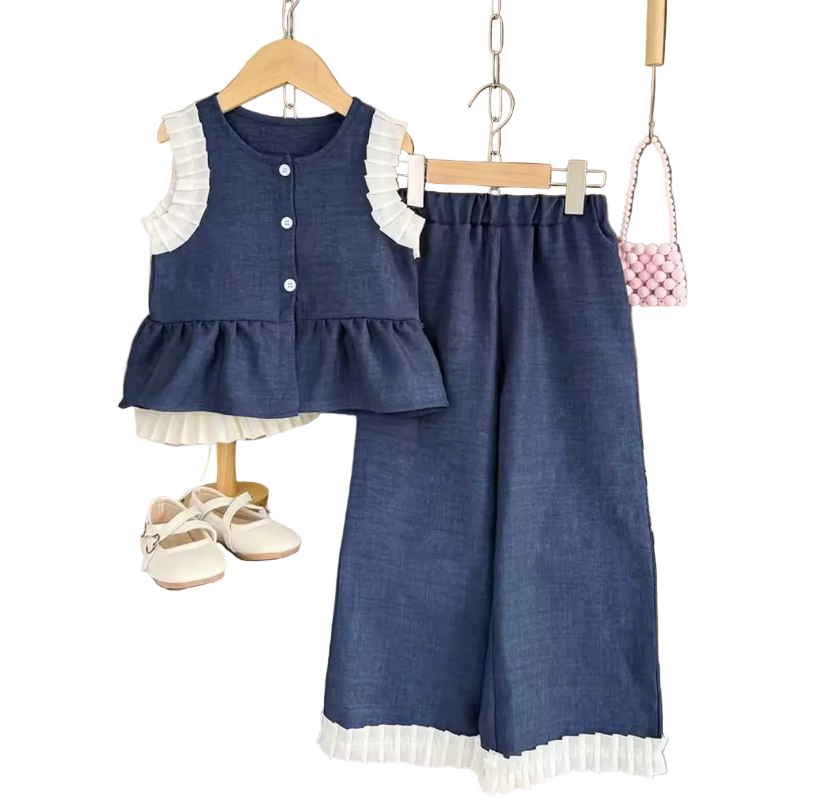 Kids Girls Linen Sleeveless Top & Matching Wide Leg Trousers. 3 Colours 3-10Y