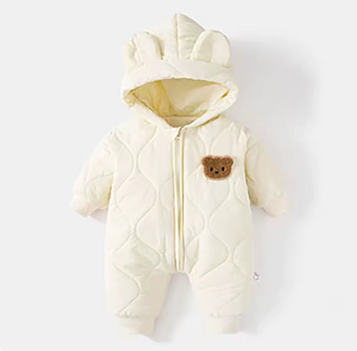 White baby snowsuit with bear design on a white background