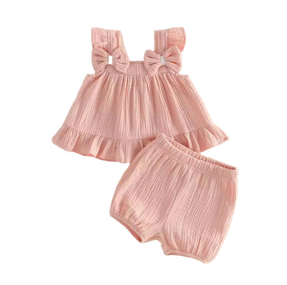 Kids Girls Muslin Ruffled Bowknot Vest Top & Shorts Set. 3 Colours 12M-4Y
