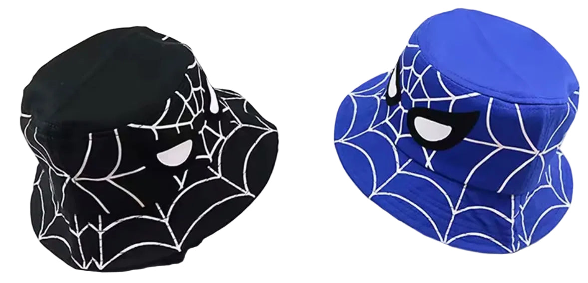 Two spider-themed bucket hats, one black and white, one blue and white, on a white background.