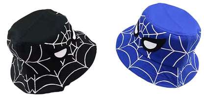 Two spider-themed bucket hats, one black and white, one blue and white, on a white background.