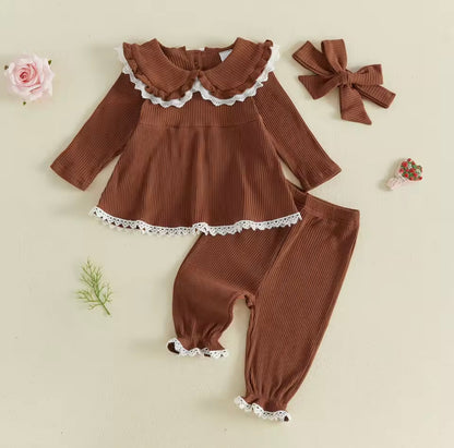 Baby Toddler Girls Ribbed Lace Trim Top Trousers & Headband Set. 3 Colours 6M-3Y