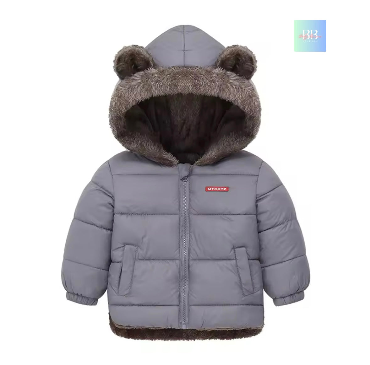 Children's gray puffer jacket with bear ears on a white background