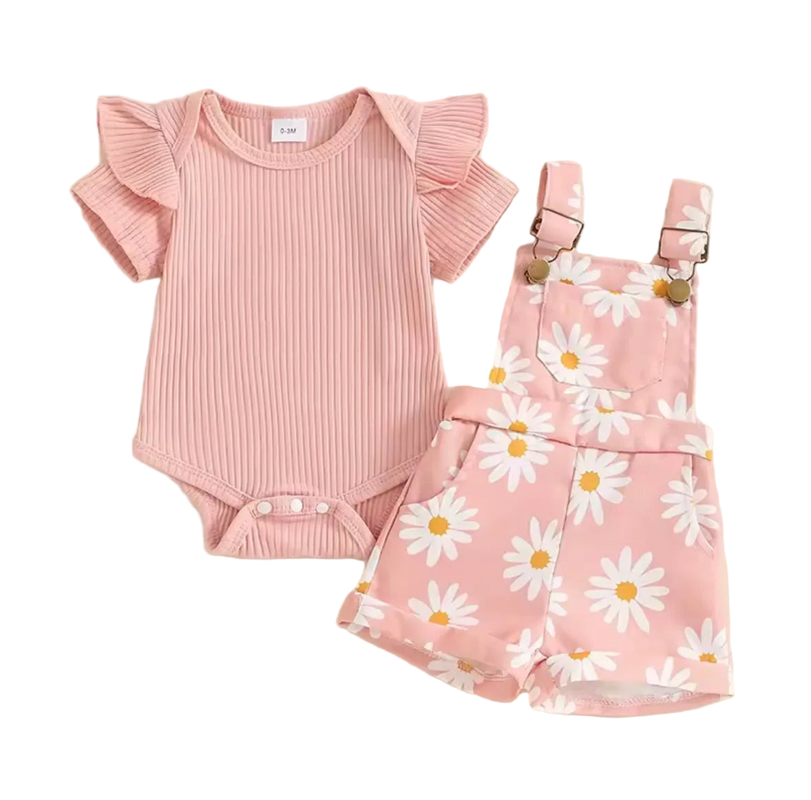Baby Toddler Girls Ribbed Romper & Dungaree Shorts Set. 3 Colours 3M-18M