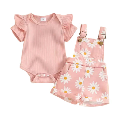 Baby Toddler Girls Ribbed Romper & Dungaree Shorts Set. 3 Colours 3M-18M