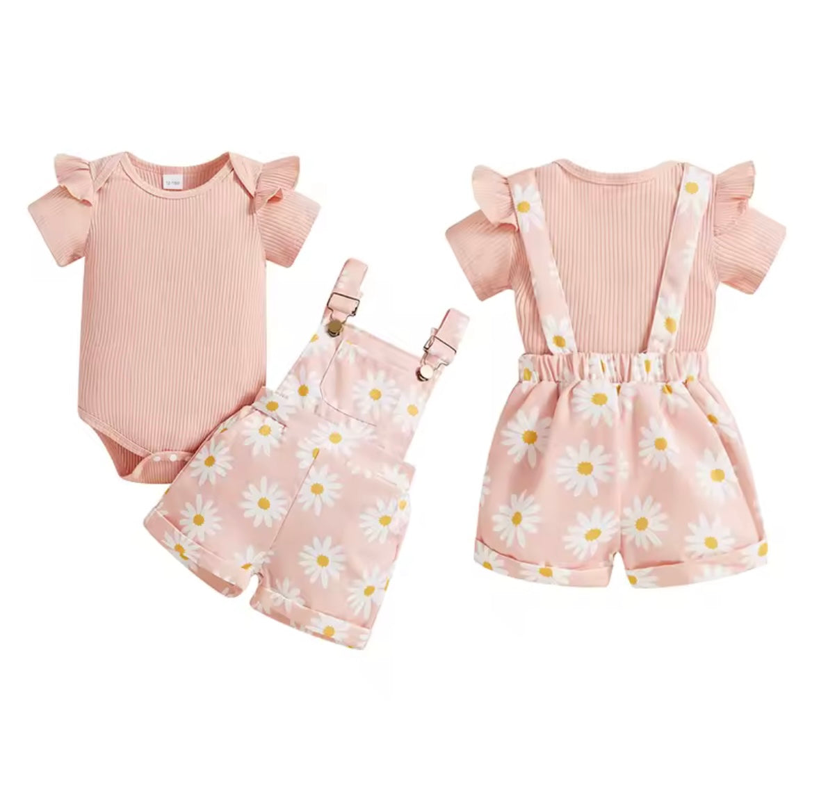 Baby Toddler Girls Ribbed Romper & Dungaree Shorts Set. 3 Colours 3M-18M