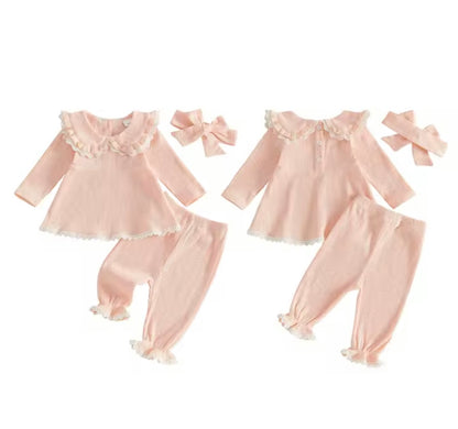 Baby Toddler Girls Ribbed Lace Trim Top Trousers & Headband Set. 3 Colours 6M-3Y