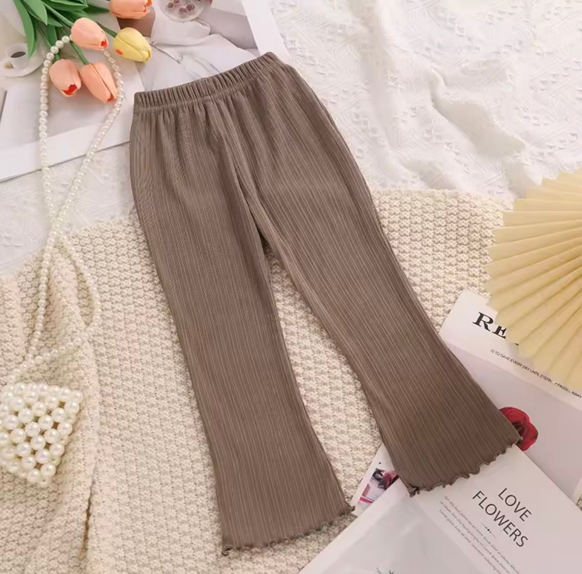 Kids Girls Casual Ribbed Loose Fit Flare Trousers. 5 Colours 12M-10Y
