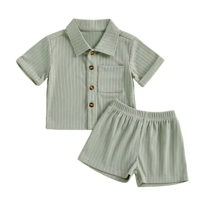 Green striped shirt and shorts set on a white background