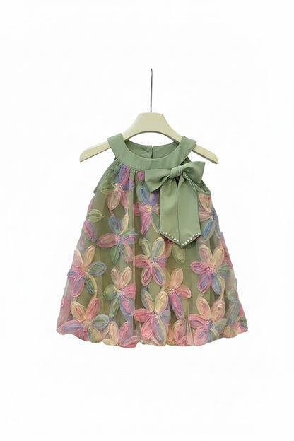Kids Girls Sleeveless Bowknot Floral Mesh Dress. 2 Colours 3-7Y