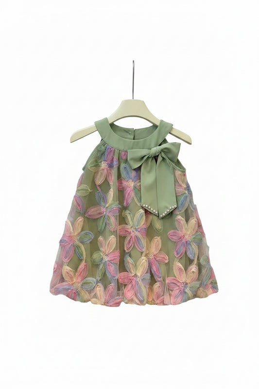 Kids Girls Sleeveless Bowknot Floral Mesh Dress. 2 Colours 3-7Y