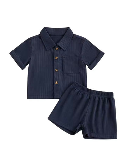 Navy striped shirt and shorts set on a white background