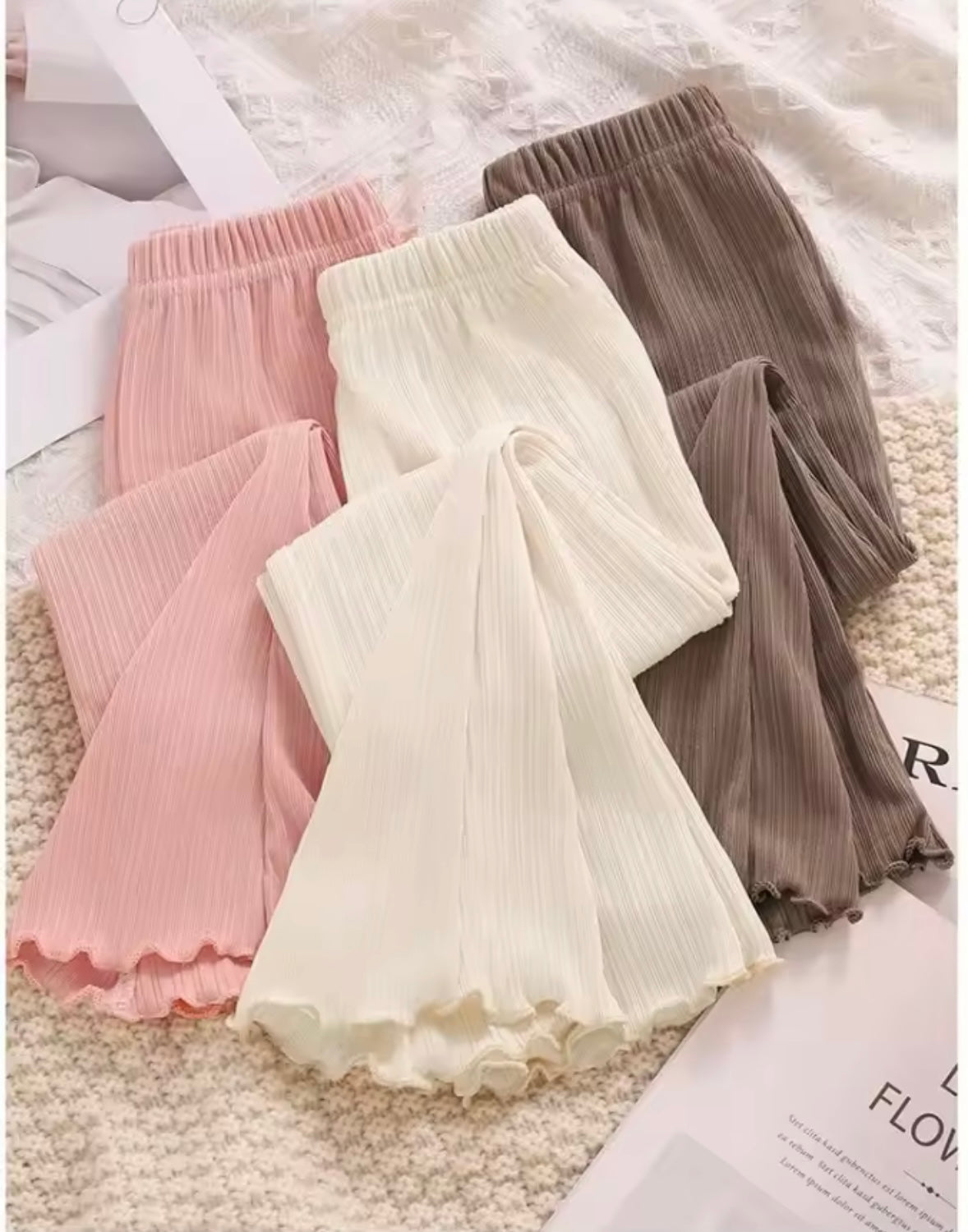 Kids Girls Casual Ribbed Loose Fit Flare Trousers. 5 Colours 12M-10Y
