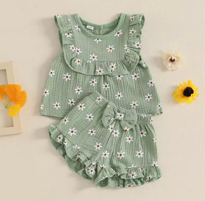 Baby Toddler Floral Muslin Sleeveless Top & Matching Shorts Set. 3 Colours 6M-4Y