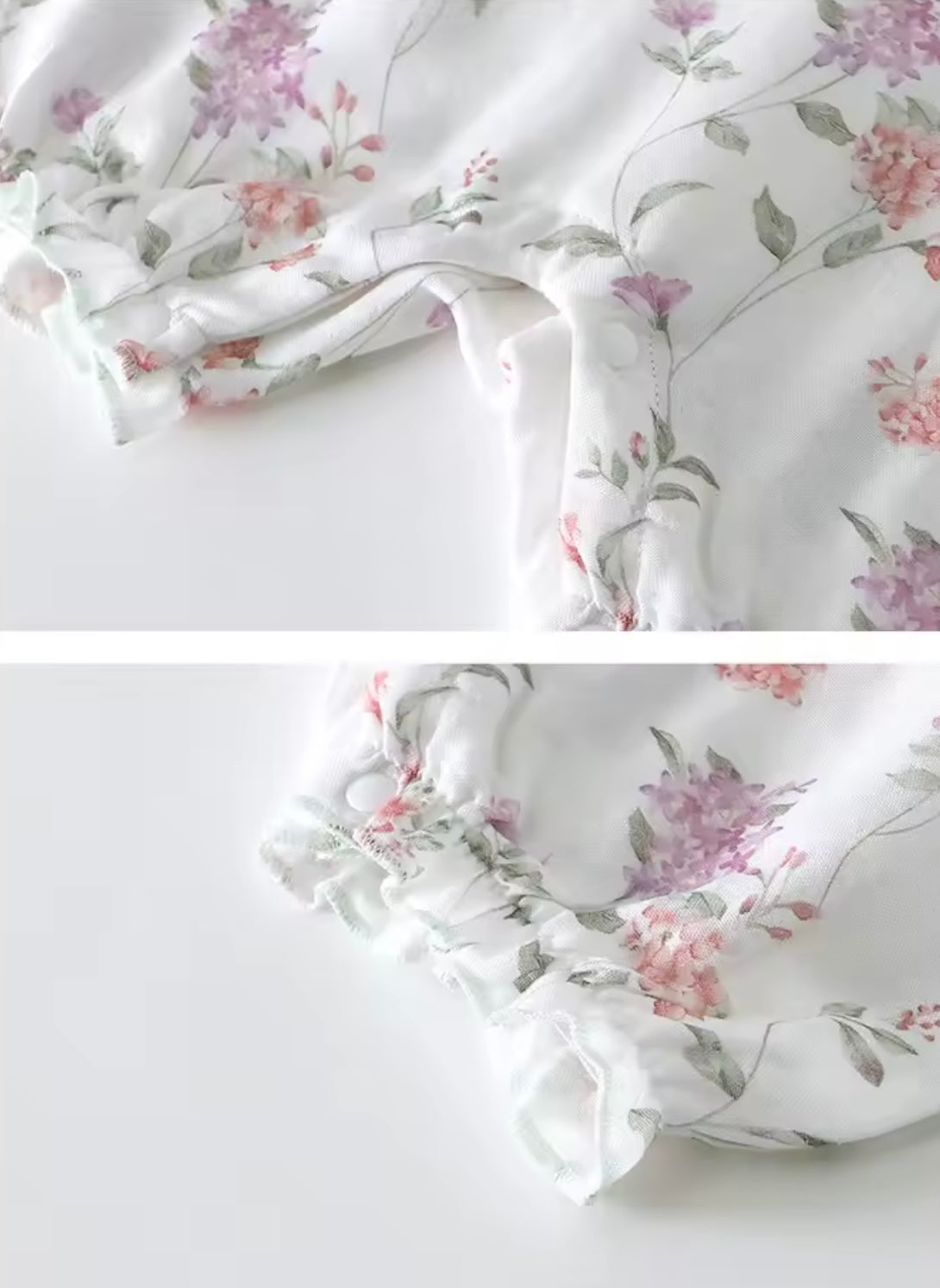Floral fabric with pink and green flowers on a white background