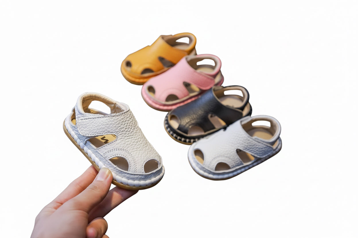 Set of children's sandals in various colors on a brown surface.