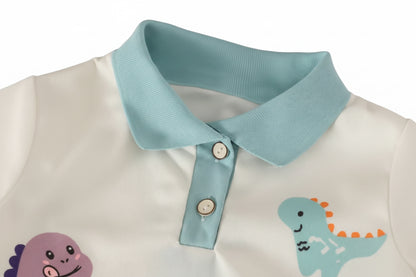 Light blue collar on a white shirt with cartoon characters in the background