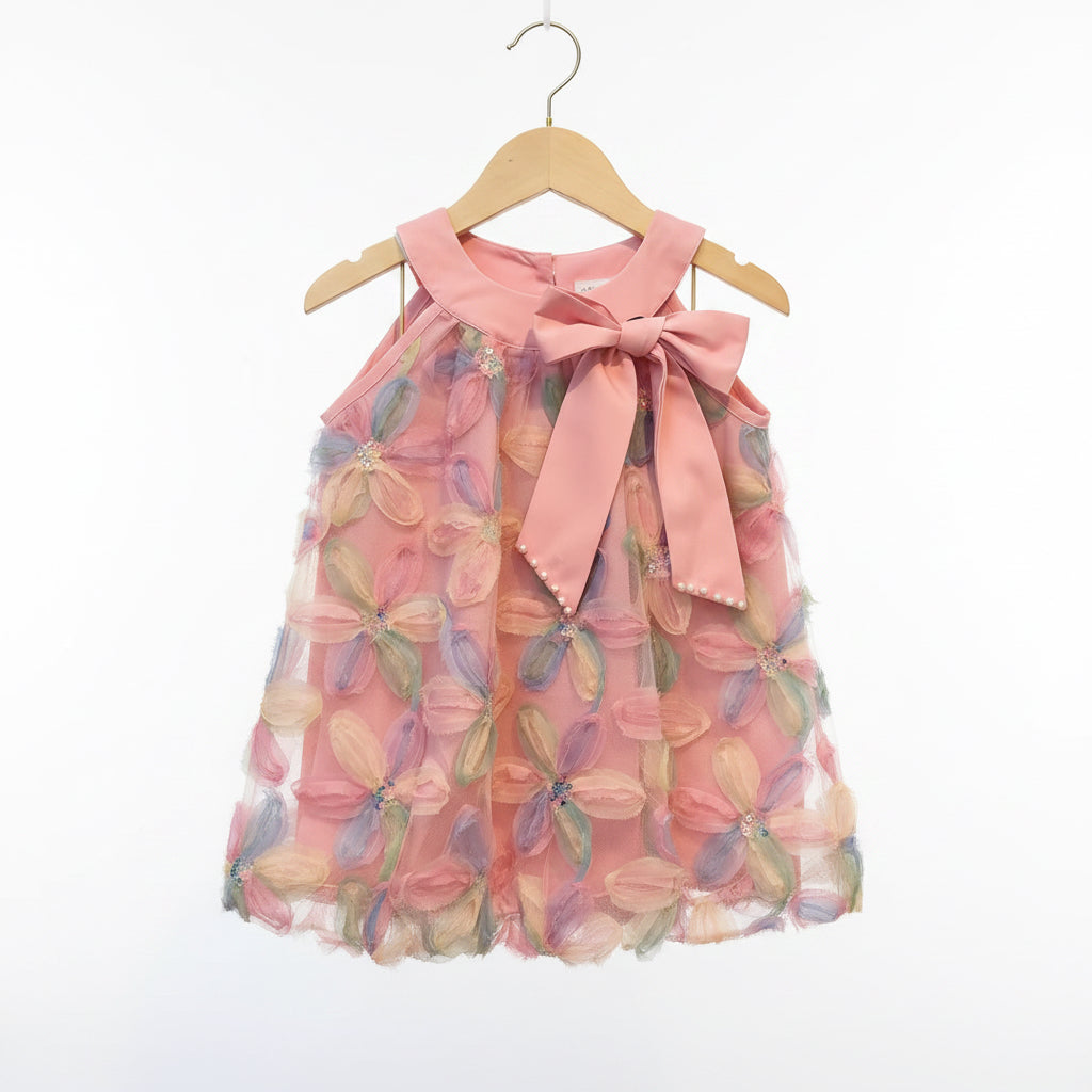 Kids Girls Sleeveless Bowknot Floral Mesh Dress. 2 Colours 3-7Y