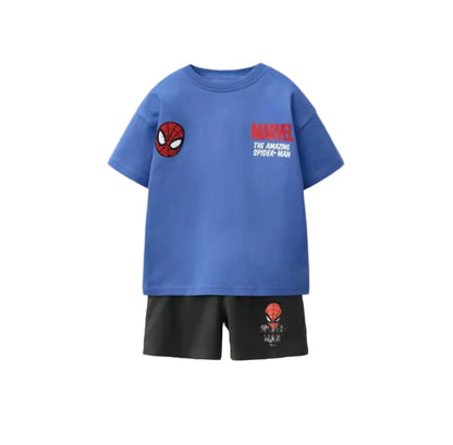 Blue t-shirt and black shorts set with Spider-Man logo on a light gray background