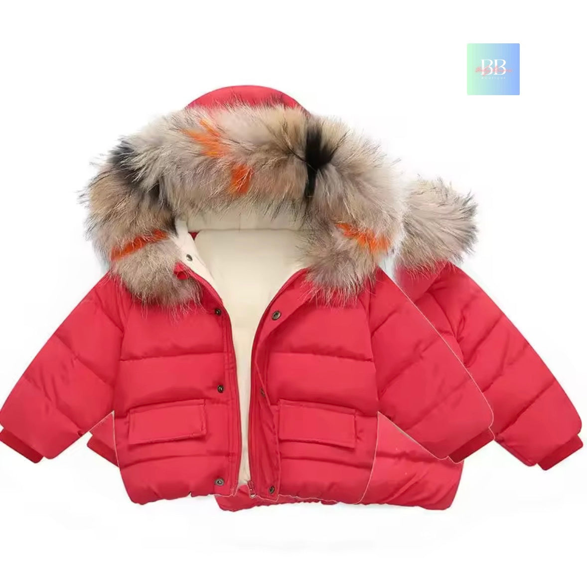 Red puffer jacket with a fur-lined hood on a white background