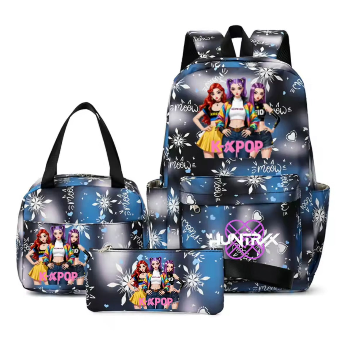 Kids K-Pop Demon Hunters School Bag 3 Piece Set. 4 Colours