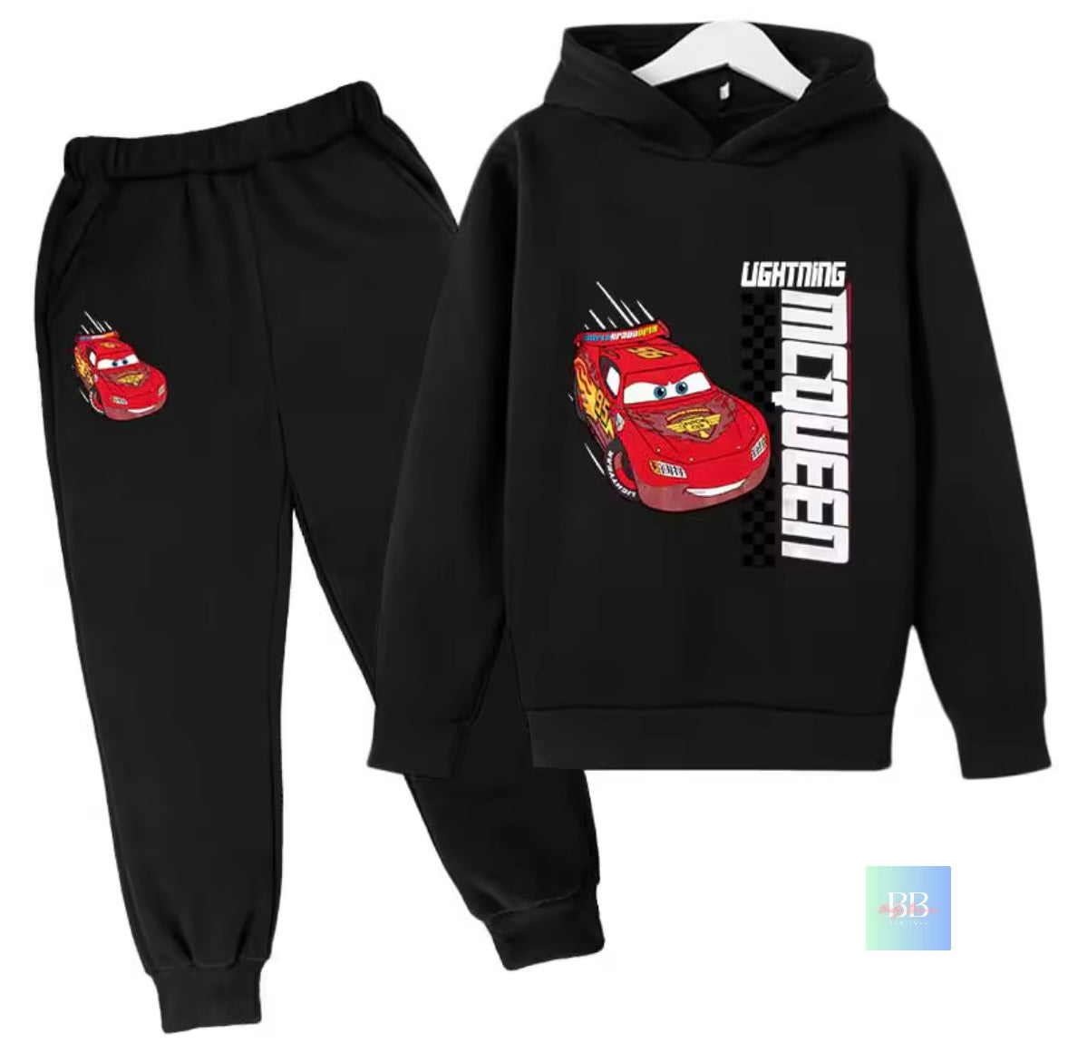 Black hoodie and pants set with Lightning McQueen design on a white background