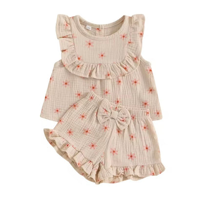 Baby Toddler Floral Muslin Sleeveless Top & Matching Shorts Set. 3 Colours 6M-4Y