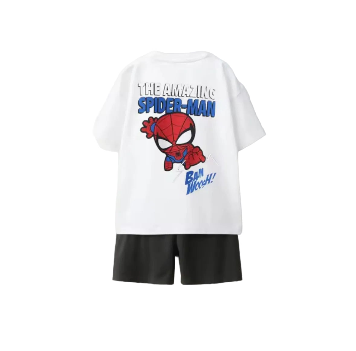 White t-shirt with Spider-Man graphic and black shorts on a white background