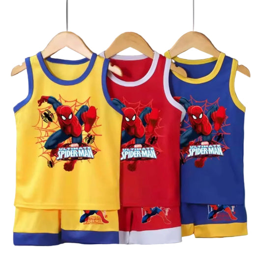 Three children's tank tops with Spider-Man design on hangers against a dark background.
