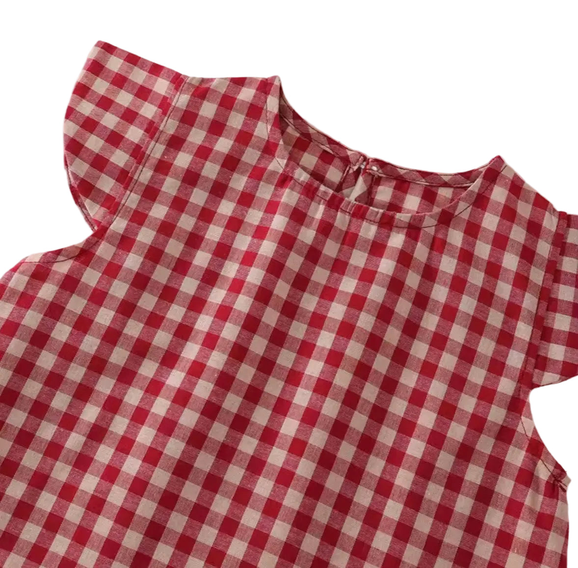 Red and white checkered dress with ruffled shoulders on a white background