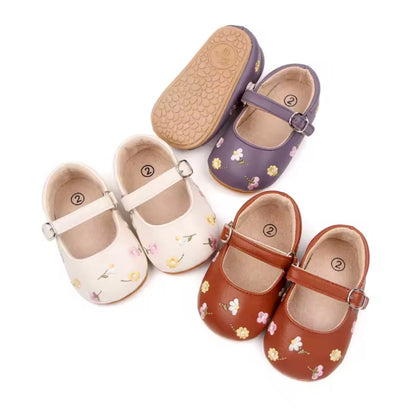 Baby Toddler Leather Flower Embroidery Anti-Slip Shoes. 3 Colours. 0-18M